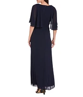R & M Richards Crew Neck Short Flutter Sleeve Beaded Waist Flower Detail Sheath Dress