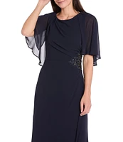 R & M Richards Crew Neck Short Flutter Sleeve Beaded Waist Flower Detail Sheath Dress