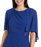 R & M Richards Crew Neck Short Flutter Sleeve Beaded Waist Flower Detail Sheath Dress