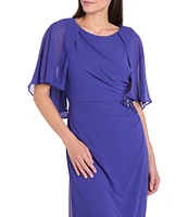 R & M Richards Crew Neck Short Flutter Sleeve Beaded Waist Flower Detail Sheath Dress