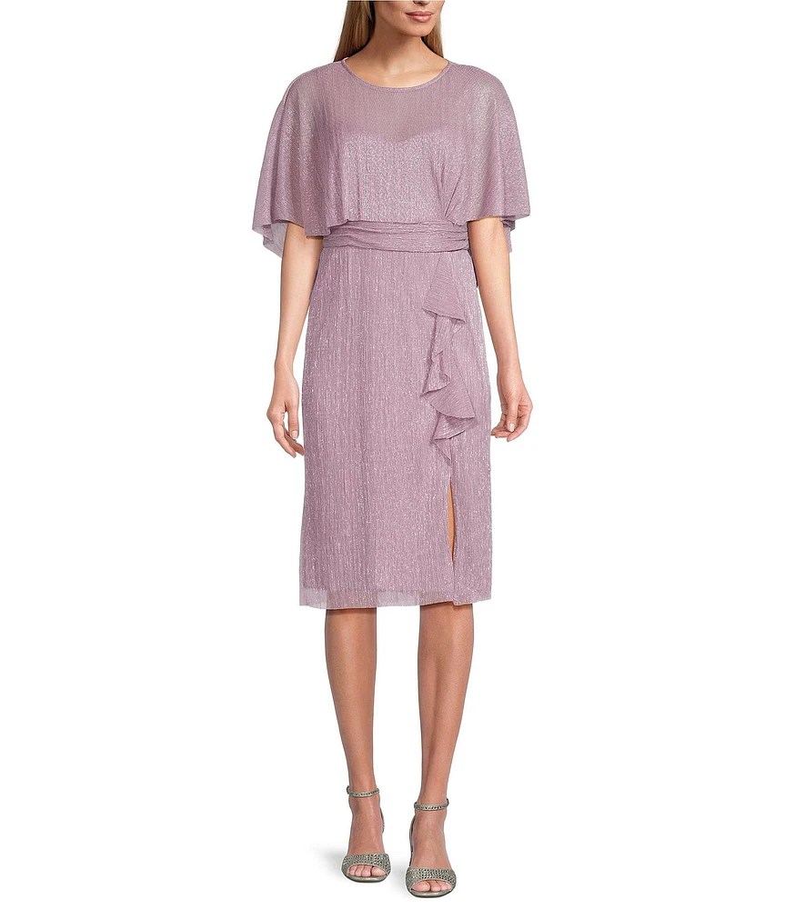 R & M Richards Crew Neck Short Sleeve Capelet Cascade Ruffle Sheath Dress