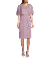 R & M Richards Crew Neck Short Sleeve Capelet Cascade Ruffle Sheath Dress