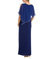 R & M Richards Crew Neck Short Sleeve Poncho Metallic Trim Overlay Popover Gown