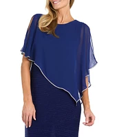 R & M Richards Crew Neck Short Sleeve Poncho Metallic Trim Overlay Popover Gown