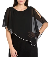 R & M Richards Crew Neck Short Sleeve Poncho Metallic Trim Overlay Popover Gown