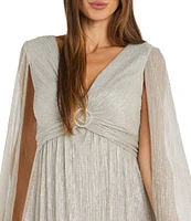 R & M Richards Crinkle Metallic Cape Sleeve Rhinestone Detail V-Neck Empire Waist Gown