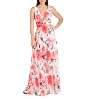 R & M Richards Crinkled Metallic Ruched Waist V-Neck Sleeveless Printed A-Line Gown