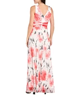 R & M Richards Crinkled Metallic Ruched Waist V-Neck Sleeveless Printed A-Line Gown