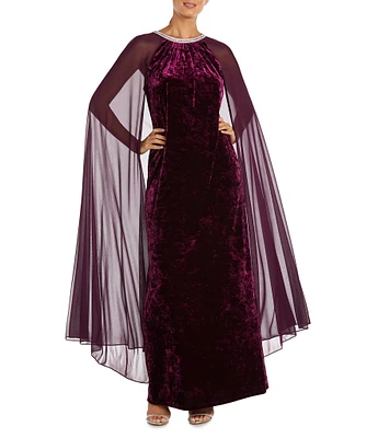 R & M Richards Crushed Stretch Velvet Rhinestone Neck Long Cape Gown