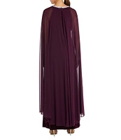 R & M Richards Crushed Stretch Velvet Rhinestone Neck Long Cape Gown