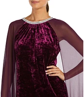 R & M Richards Crushed Stretch Velvet Rhinestone Neck Long Cape Gown