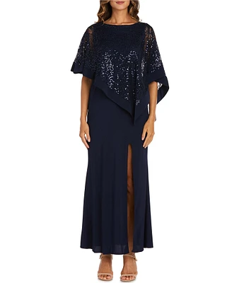 R & M Richards Elbow Length Sleeve Round Neck Sequin Overlay Sheath Gown