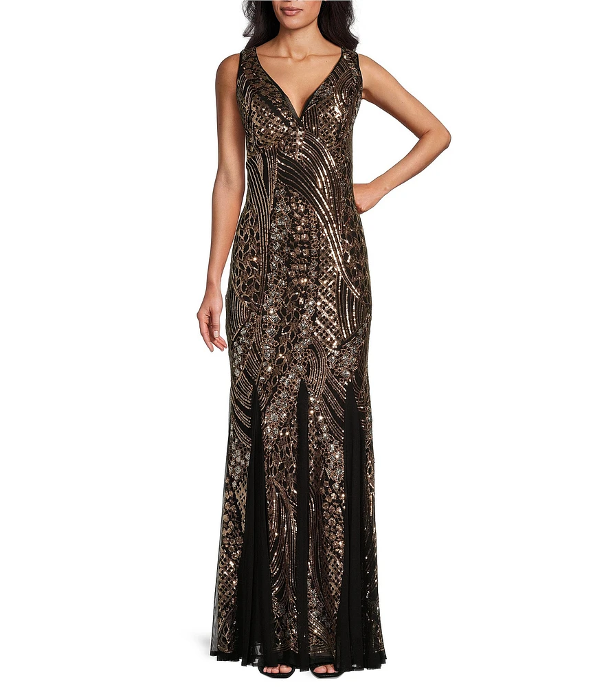 R & M Richards Embordered Sequin V-Neck Sleeveless Godet Detail Mermaid Gown