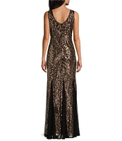 R & M Richards Embordered Sequin V-Neck Sleeveless Godet Detail Mermaid Gown