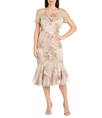 R & M Richards Embroidered Floral Crew Neck Short Sleeve Flounce Hem Midi Dress
