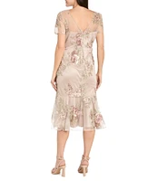 R & M Richards Embroidered Floral Crew Neck Short Sleeve Flounce Hem Midi Dress