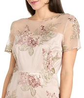 R & M Richards Embroidered Floral Crew Neck Short Sleeve Flounce Hem Midi Dress