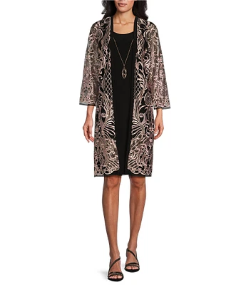 R & M Richards Embroidered Mesh Contrast Round Neck 3/4 Sleeve 2-Piece Duster Jacket Dress