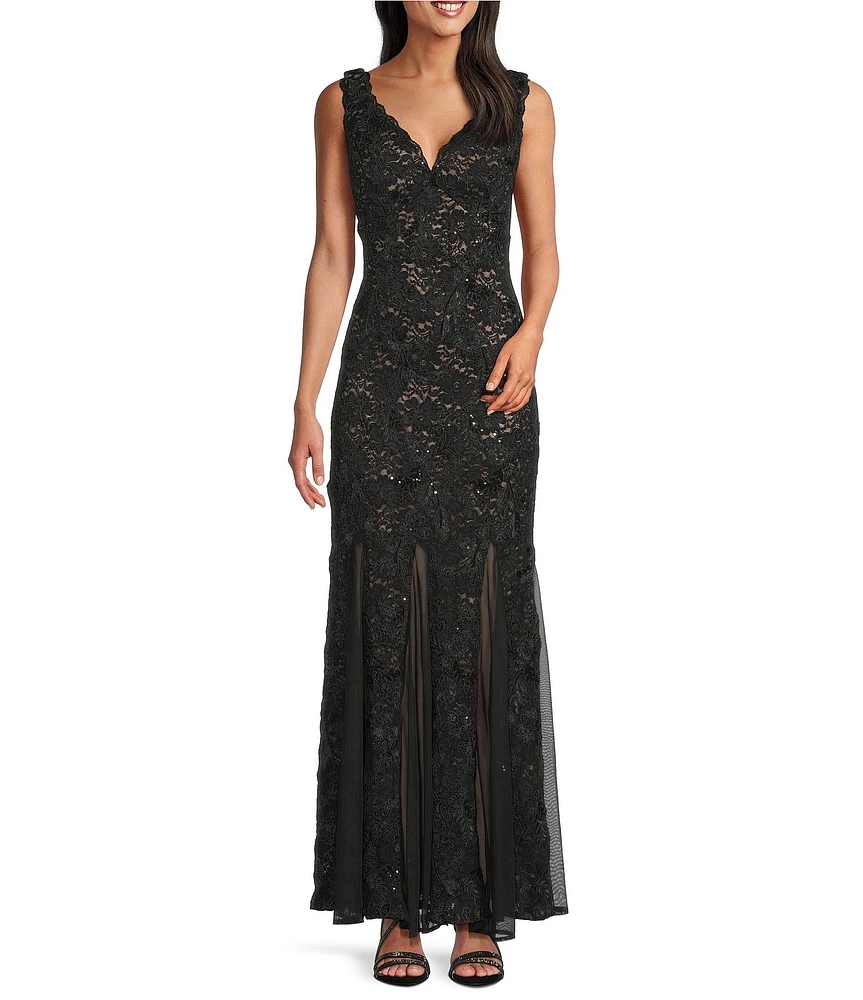 R & M Richards Embroidered Sequin Stretch Lace Sleeveless Scalloped Edge Sheath Gown