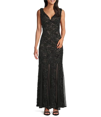 R & M Richards Embroidered Sequin Stretch Lace Sleeveless Scalloped Edge Sheath Gown