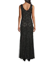 R & M Richards Embroidered Sequin Stretch Lace Sleeveless Scalloped Edge Sheath Gown