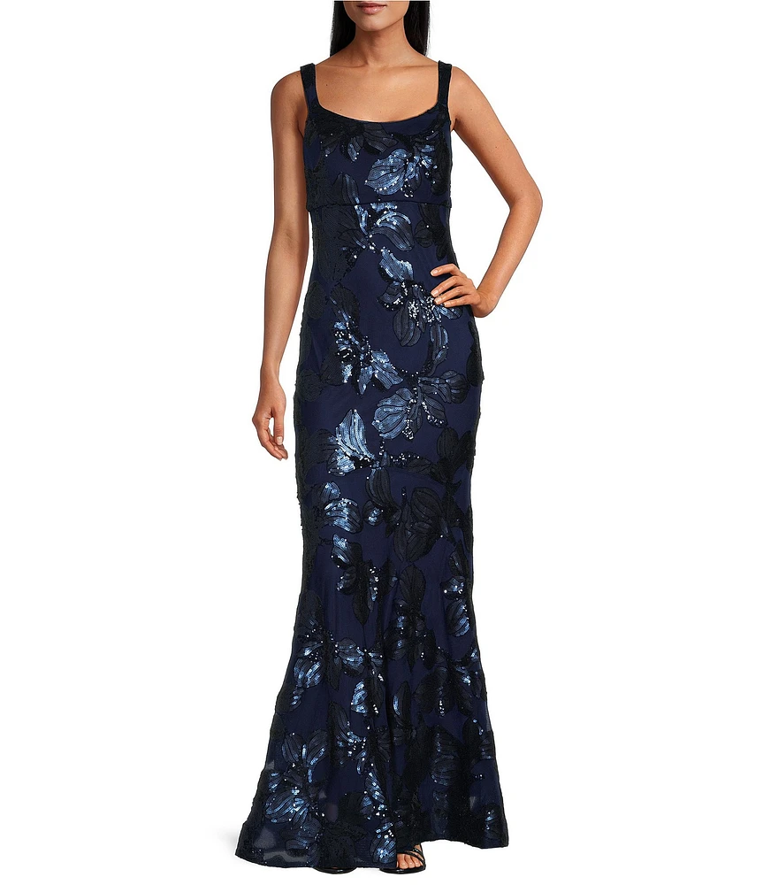 R & M Richards Embroidered Sequin Sweetheart Neck Sleeveless Mermaid Gown