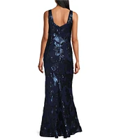 R & M Richards Embroidered Sequin Sweetheart Neck Sleeveless Mermaid Gown