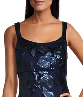 R & M Richards Embroidered Sequin Sweetheart Neck Sleeveless Mermaid Gown