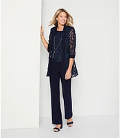 R & M Richards Embroidered Soutache Mesh Lace 3/4 Sleeve Scoop Neck 2-Piece Pant Set