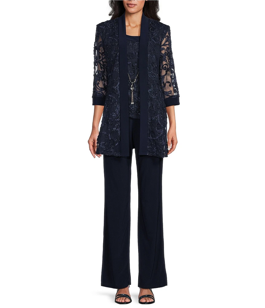 R & M Richards Embroidered Soutache Mesh Lace 3/4 Sleeve Scoop Neck 2-Piece Pant Set