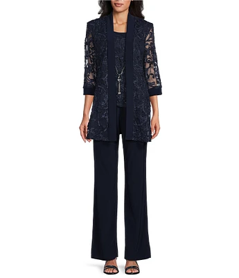 R & M Richards Embroidered Soutache Mesh Lace 3/4 Sleeve Scoop Neck 2-Piece Pant Set