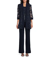 R & M Richards Embroidered Soutache Mesh Lace 3/4 Sleeve Scoop Neck 2-Piece Pant Set