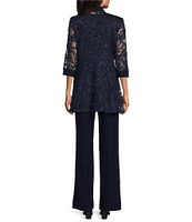 R & M Richards Embroidered Soutache Mesh Lace 3/4 Sleeve Scoop Neck 2-Piece Pant Set