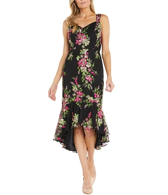 R & M Richards Embroidered V-neck Floral High Low Tulle Dress