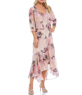 R & M Richards Floral Print Chiffon Bolero 3/4 Sleeve Asymmetrical Ruffle Hem 2-Piece Jacket Dress