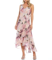 R & M Richards Floral Print Chiffon Bolero 3/4 Sleeve Asymmetrical Ruffle Hem 2-Piece Jacket Dress