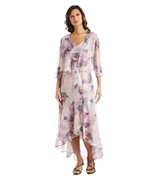 R & M Richards Floral Print Chiffon Bolero 3/4 Sleeve Asymmetrical Ruffle Hem 2-Piece Jacket Dress