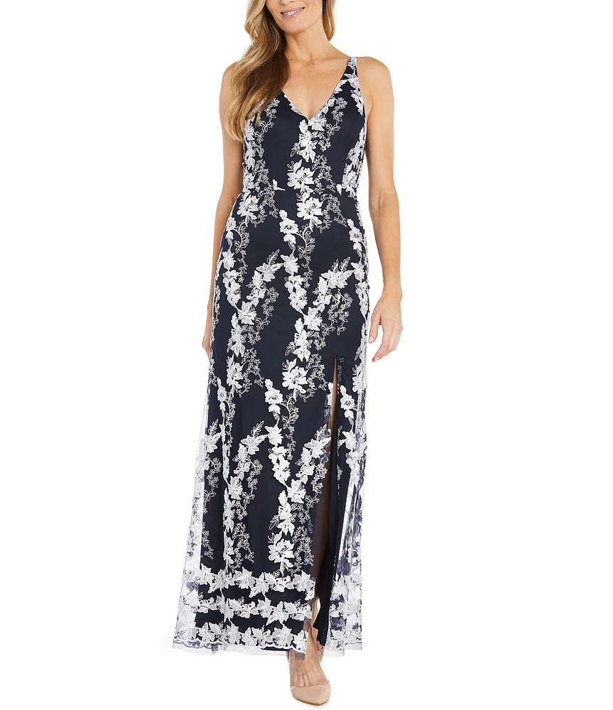 R & M Richards Floral Embroidered Sleeveless V-Neck Side Slit Dress