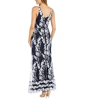 R & M Richards Floral Embroidered Sleeveless V-Neck Side Slit Dress