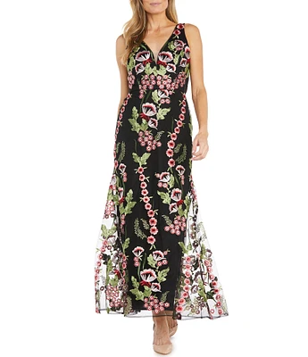 R & M Richards Floral Embroidered V-Neck Gown