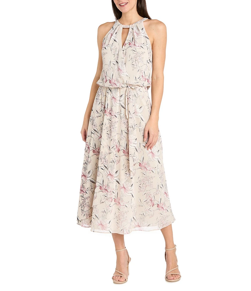 R & M Richards Floral Print Blouson Midi Dress