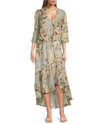 R & M Richards Floral Print Chiffon Bolero 3/4 Sleeve V-Neck Asymmetrical Ruffle Hem 2-Piece Jacket Dress