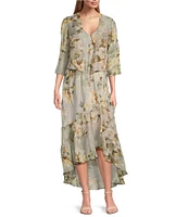 R & M Richards Floral Print Chiffon Bolero 3/4 Sleeve V-Neck Asymmetrical Ruffle Hem 2-Piece Jacket Dress