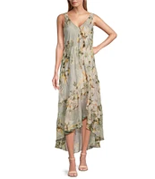 R & M Richards Floral Print Chiffon Bolero 3/4 Sleeve V-Neck Asymmetrical Ruffle Hem 2-Piece Jacket Dress