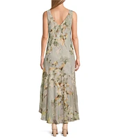 R & M Richards Floral Print Chiffon Bolero 3/4 Sleeve V-Neck Asymmetrical Ruffle Hem 2-Piece Jacket Dress