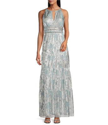 R & M Richards Foil Mesh Print Pleated Foil Printed Sleeveless Keyhole Halter Neck Dress