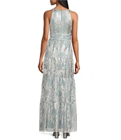 R & M Richards Foil Mesh Print Pleated Foil Printed Sleeveless Keyhole Halter Neck Dress