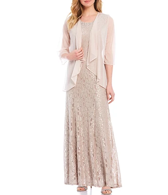R & M Richards Glitter Lace Beaded Neck 2-Piece Jacket Gown