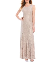 R & M Richards Glitter Lace Beaded Neck 2-Piece Jacket Gown