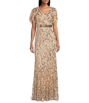 R & M Richards Godet Skirt V-Neck Short Sleeve Sequin Power Mesh Dress